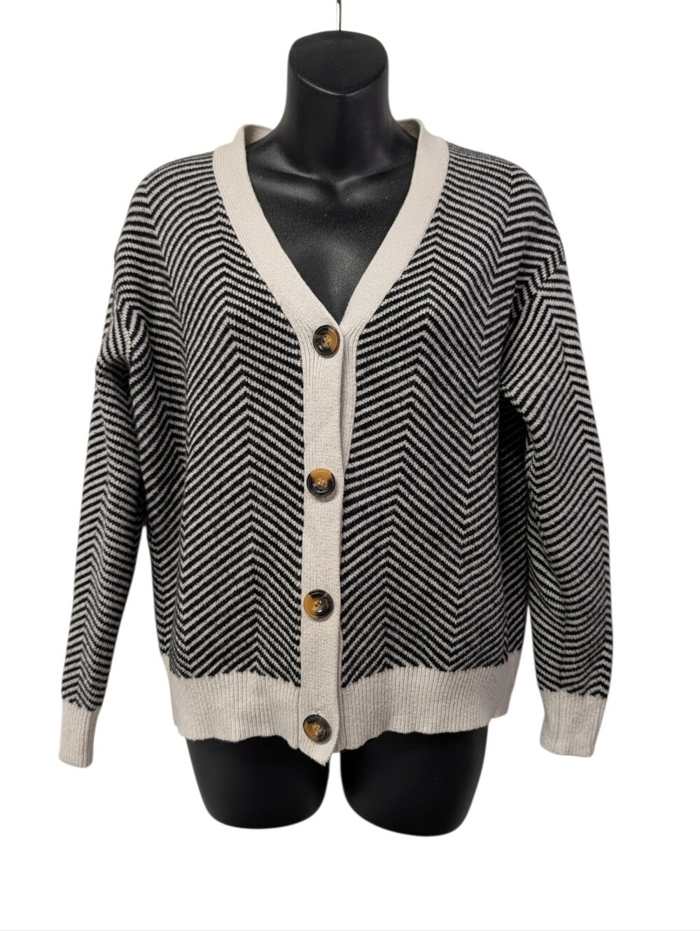 COMMENSE Womens Black White Herringbone Knit V-Neck Button Cardigan Sweater M